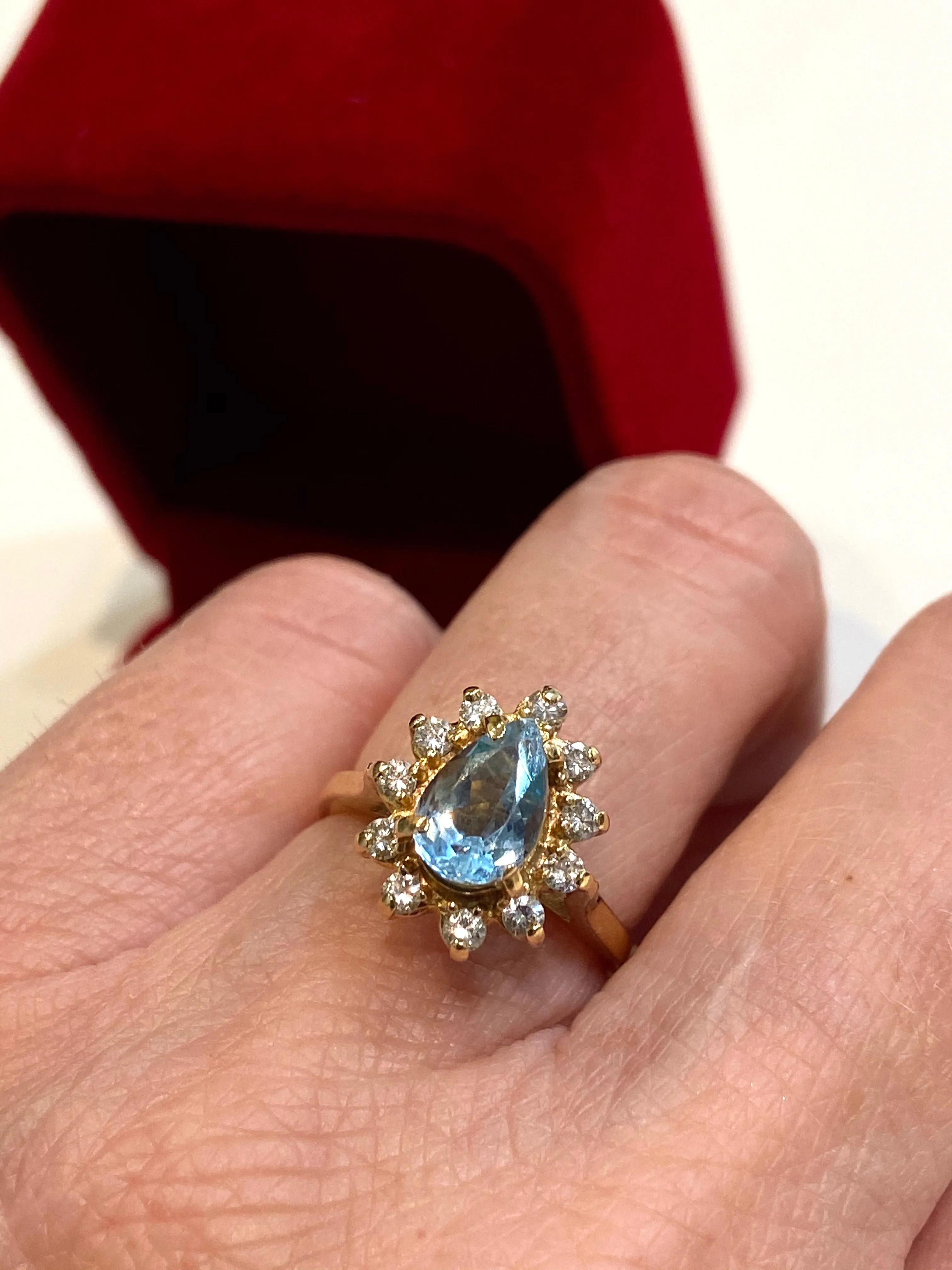 14K GOLD PEAR SKY BLUE TOPAZ & DIAMONDS HALO RING