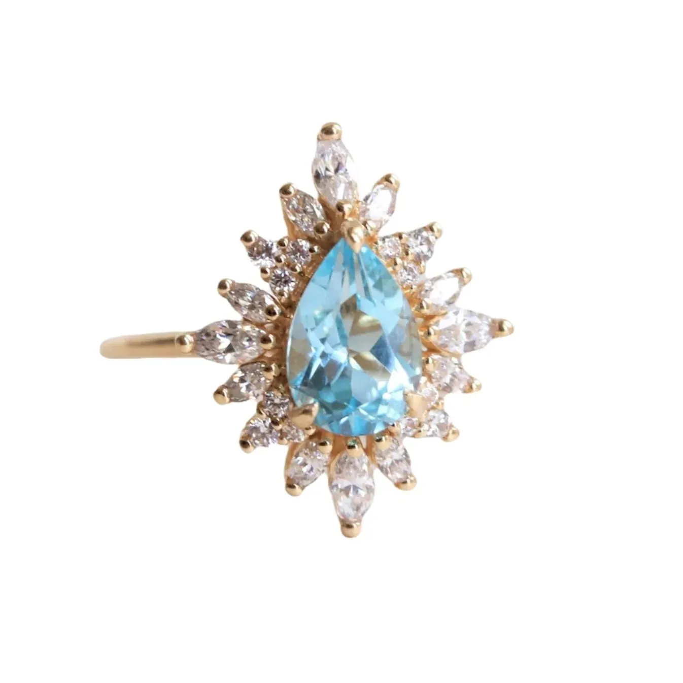 14K GOLD PEAR SKY BLUE TOPAZ & DIAMONDS HALO RING