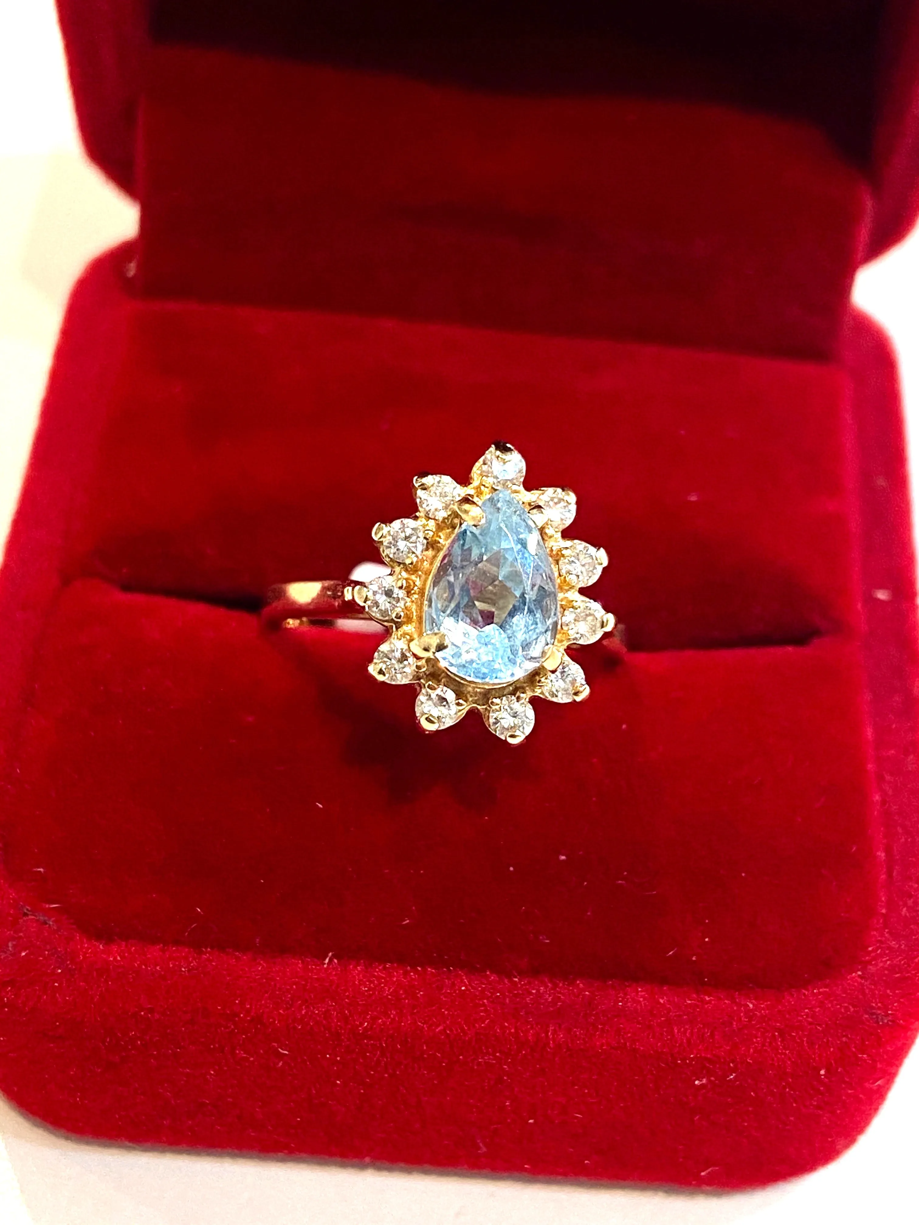 14K GOLD PEAR SKY BLUE TOPAZ & DIAMONDS HALO RING