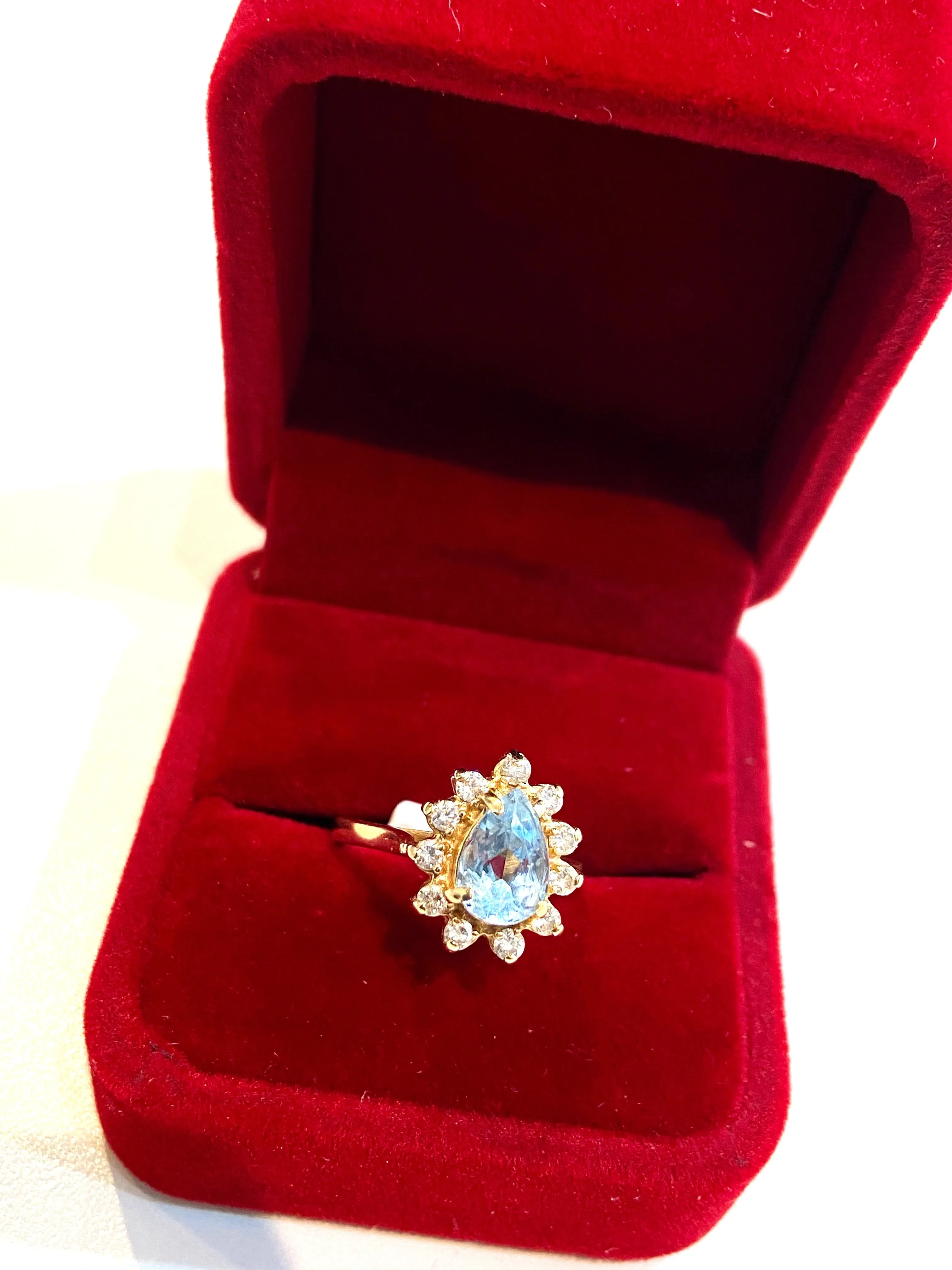 14K GOLD PEAR SKY BLUE TOPAZ & DIAMONDS HALO RING