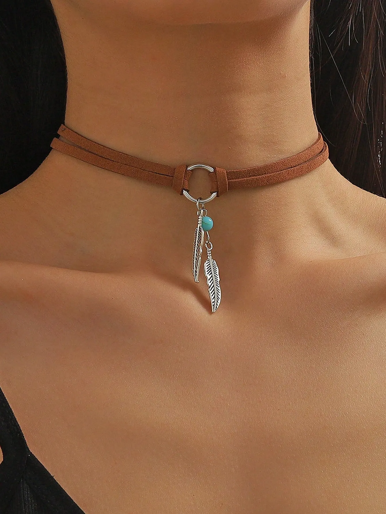 1pc PU Polyurethane Feather & Turquoise Charm Choker For Women For Daily