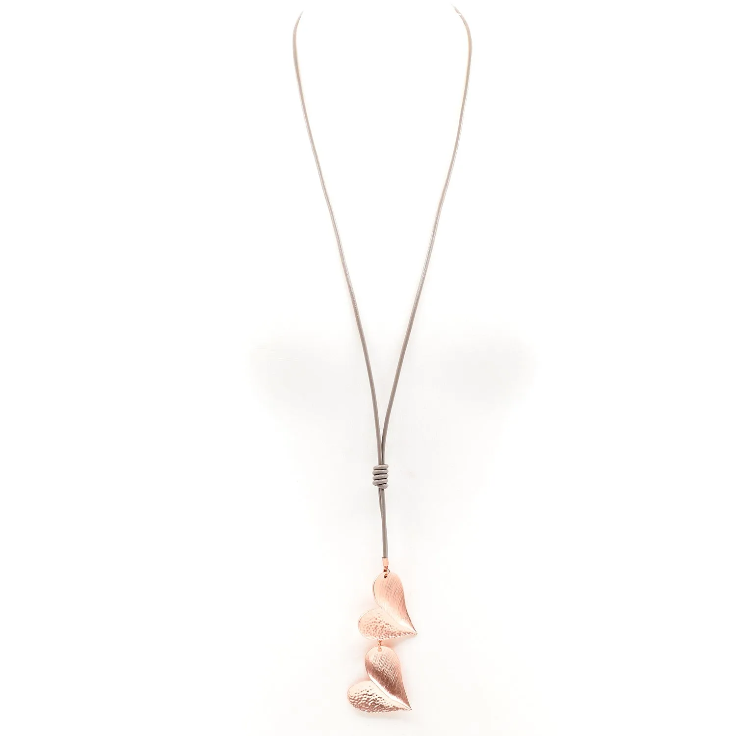 2 organic style heart pendants on long leather necklace