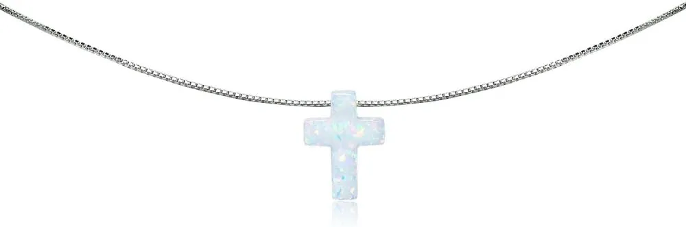 B. BRILLIANT Sterling Silver Small Dainty Synthetic Opal Cross Choker Necklace for Women