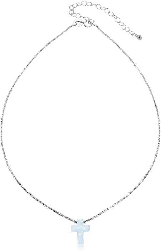 B. BRILLIANT Sterling Silver Small Dainty Synthetic Opal Cross Choker Necklace for Women