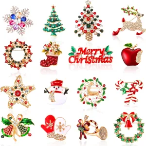 Cindeer 16 Pcs Brooches and Pins for Women Rhinestone Crystal Set Snowman Reindeer Bells Tree Wedding Party Gift Favors