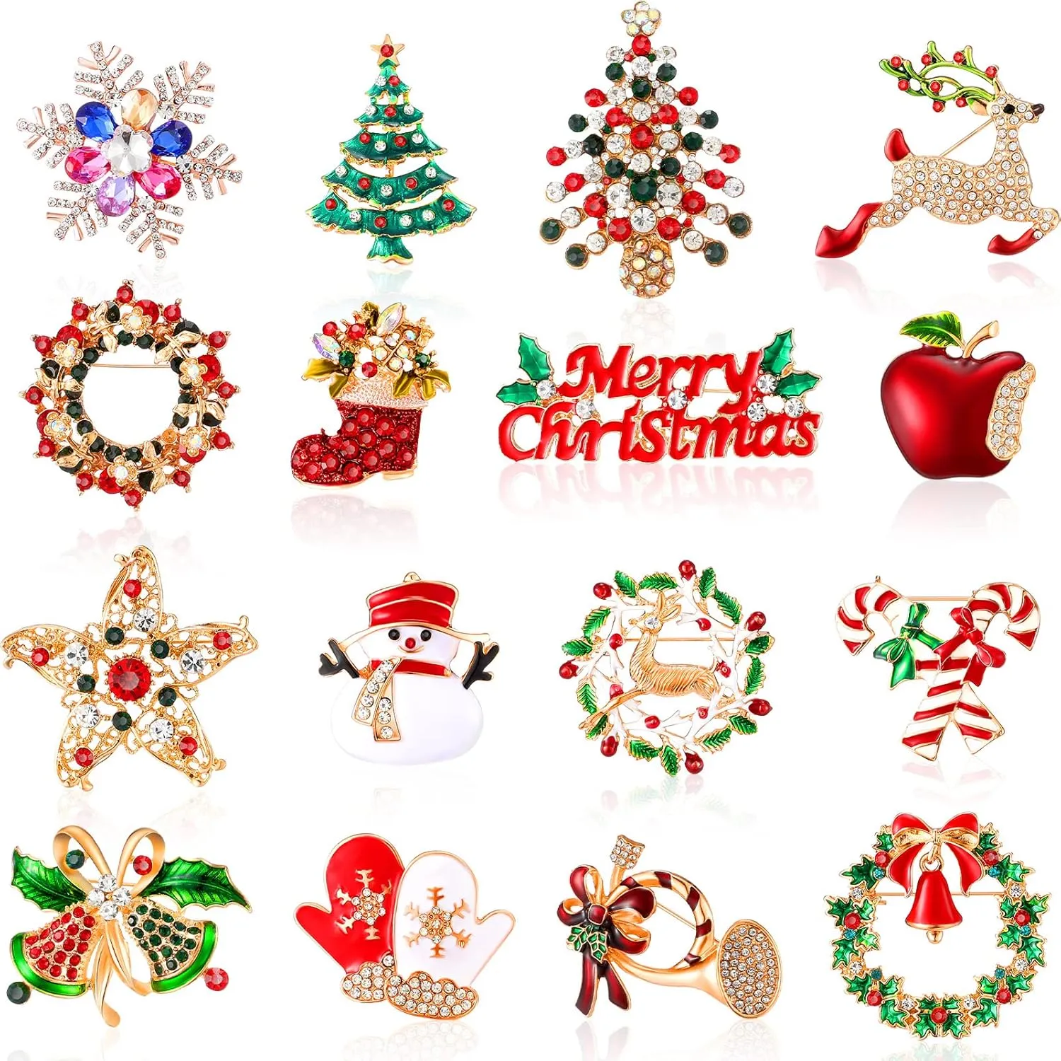 Cindeer 16 Pcs Brooches and Pins for Women Rhinestone Crystal Set Snowman Reindeer Bells Tree Wedding Party Gift Favors