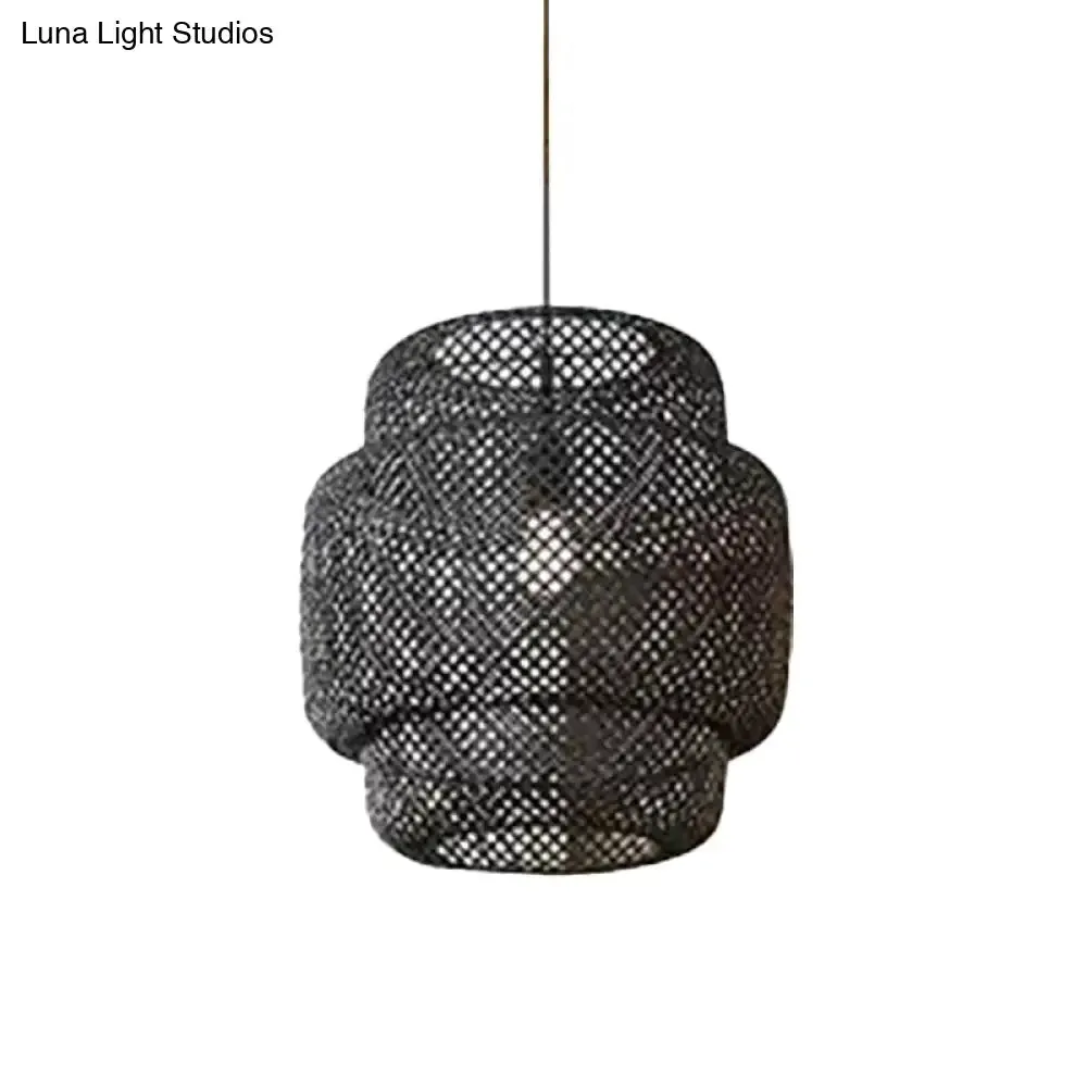 Criss-Cross Woven Bamboo Lantern Pendant Asian Style Hanging Light in Black/Beige, 15"/19.5" W
