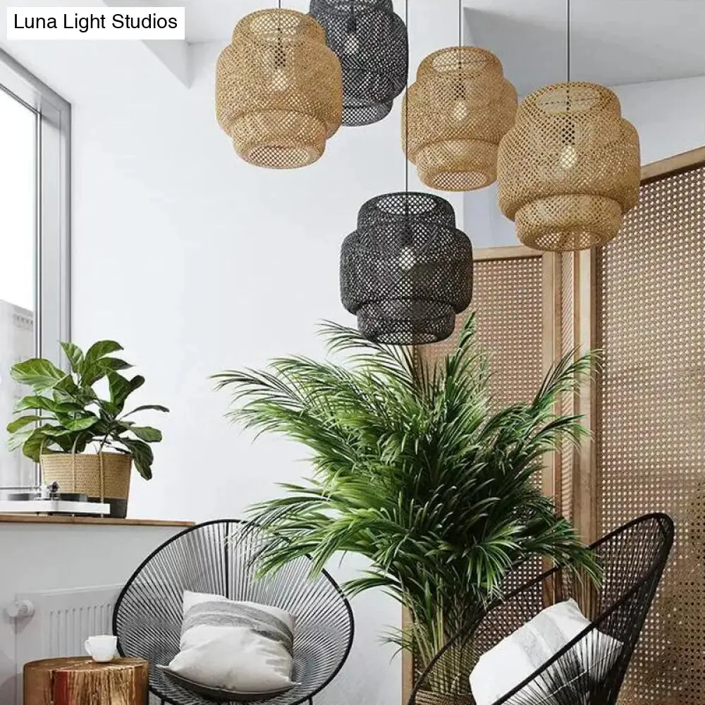 Criss-Cross Woven Bamboo Lantern Pendant Asian Style Hanging Light in Black/Beige, 15"/19.5" W