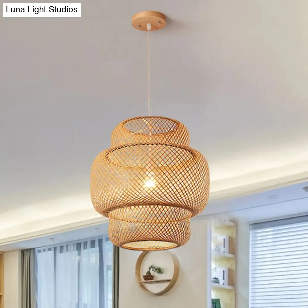 Criss-Cross Woven Bamboo Lantern Pendant Asian Style Hanging Light in Black/Beige, 15"/19.5" W