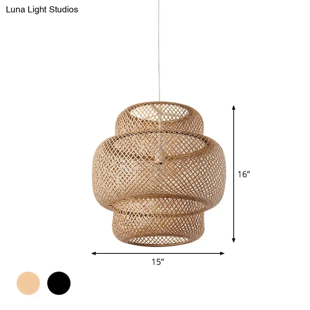 Criss-Cross Woven Bamboo Lantern Pendant Asian Style Hanging Light in Black/Beige, 15"/19.5" W