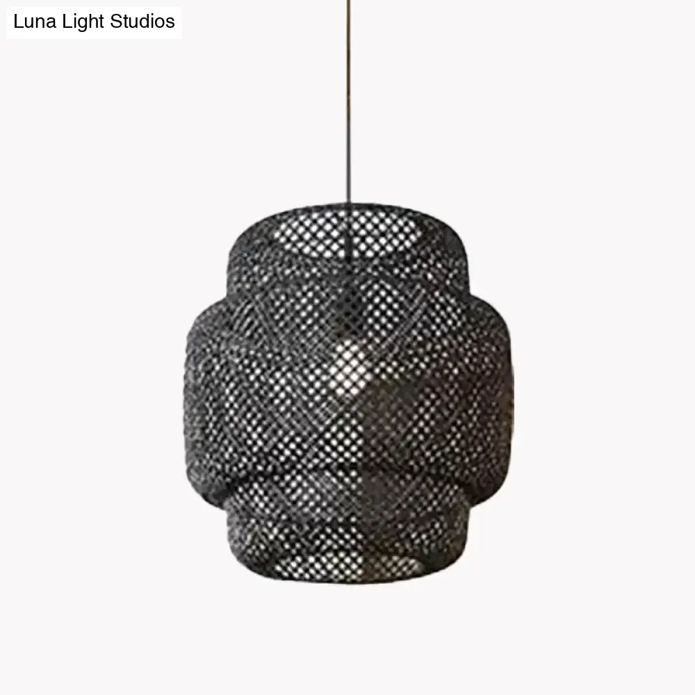 Criss-Cross Woven Bamboo Lantern Pendant Asian Style Hanging Light in Black/Beige, 15"/19.5" W