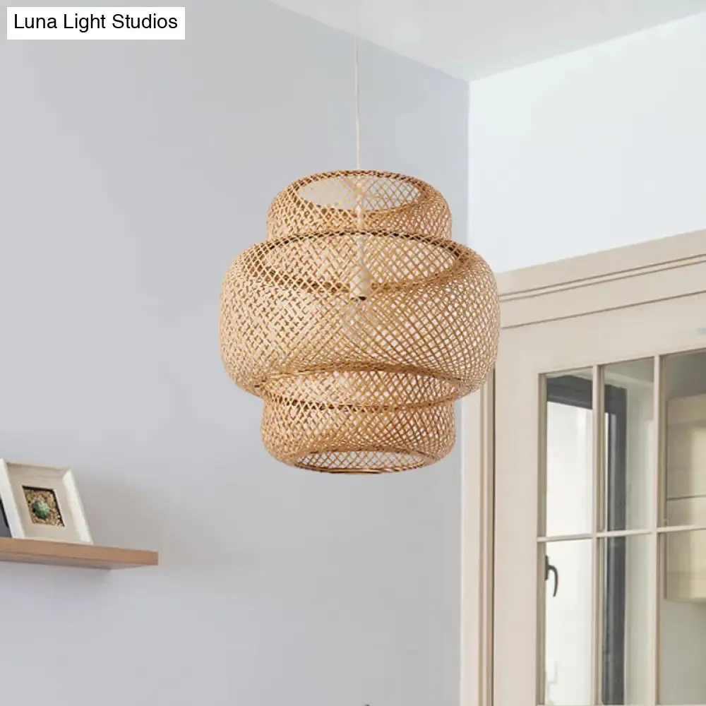 Criss-Cross Woven Bamboo Lantern Pendant Asian Style Hanging Light in Black/Beige, 15"/19.5" W