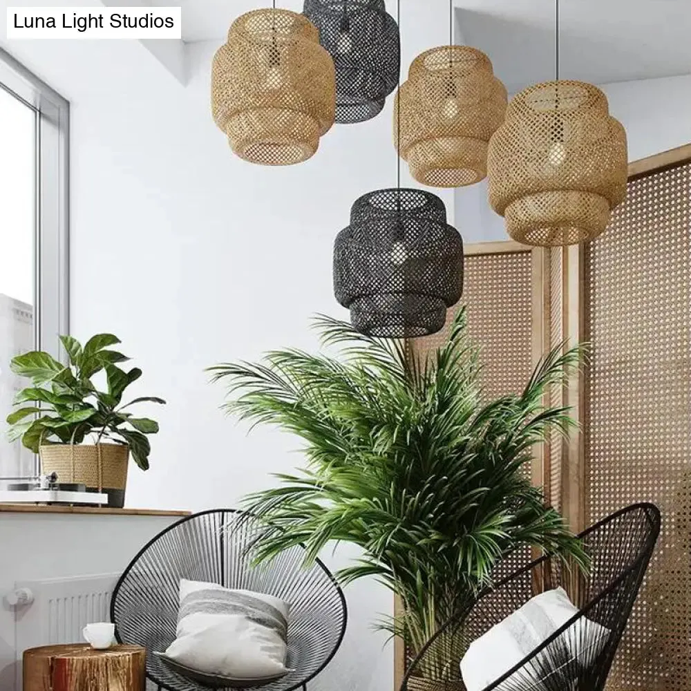 Criss-Cross Woven Bamboo Lantern Pendant Asian Style Hanging Light in Black/Beige, 15"/19.5" W
