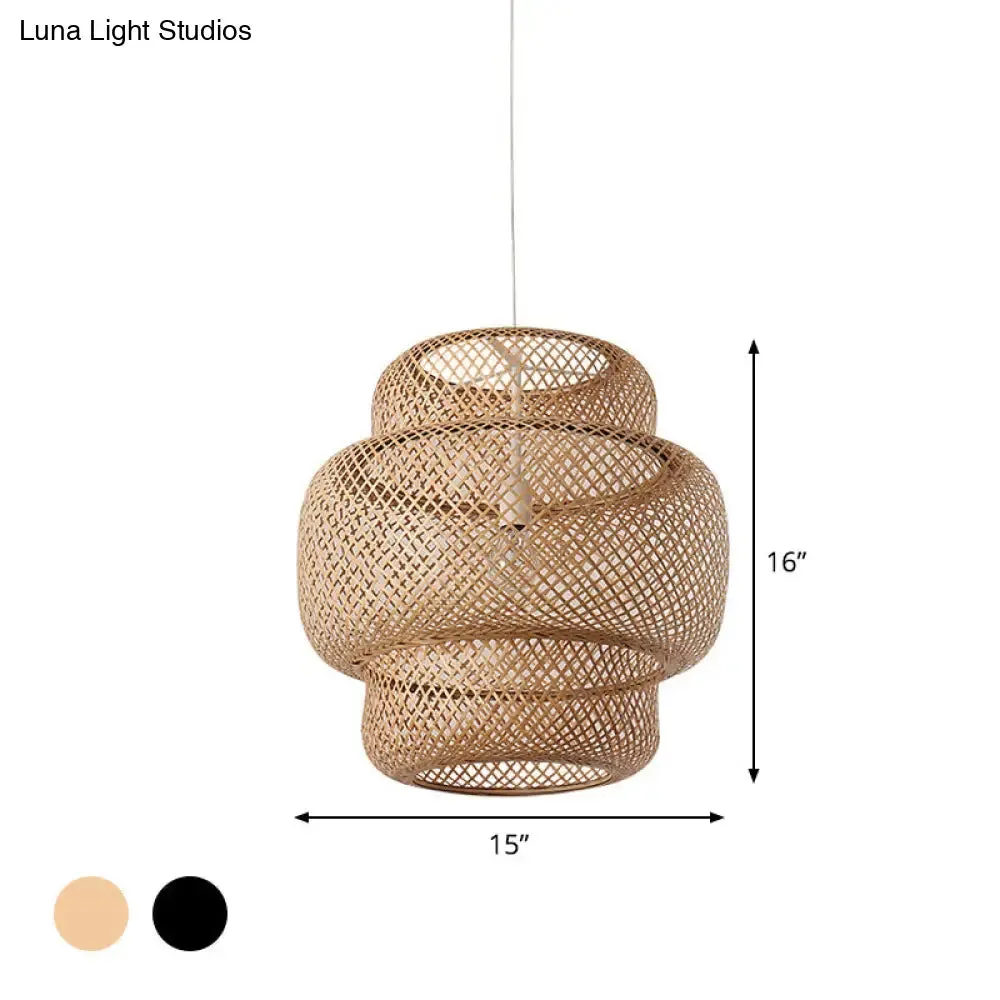 Criss-Cross Woven Bamboo Lantern Pendant Asian Style Hanging Light in Black/Beige, 15"/19.5" W