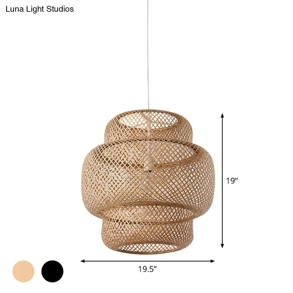 Criss-Cross Woven Bamboo Lantern Pendant Asian Style Hanging Light in Black/Beige, 15"/19.5" W
