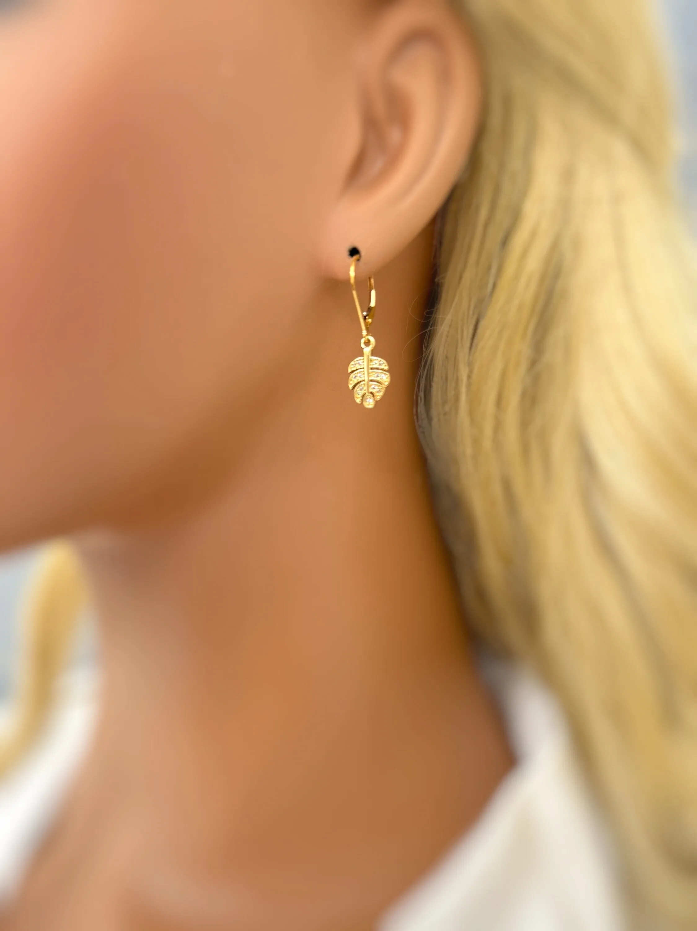 Crystal Monstera Leaf earrings dangle, gold, silver, rose gold