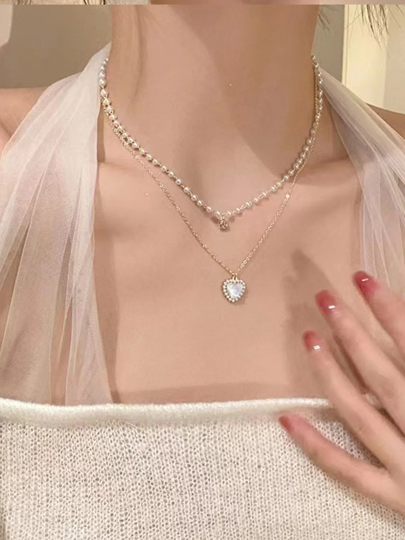 Cultured Faux Pearl Decor Heart Charm Layered Necklace Dainty Necklace Novelty
