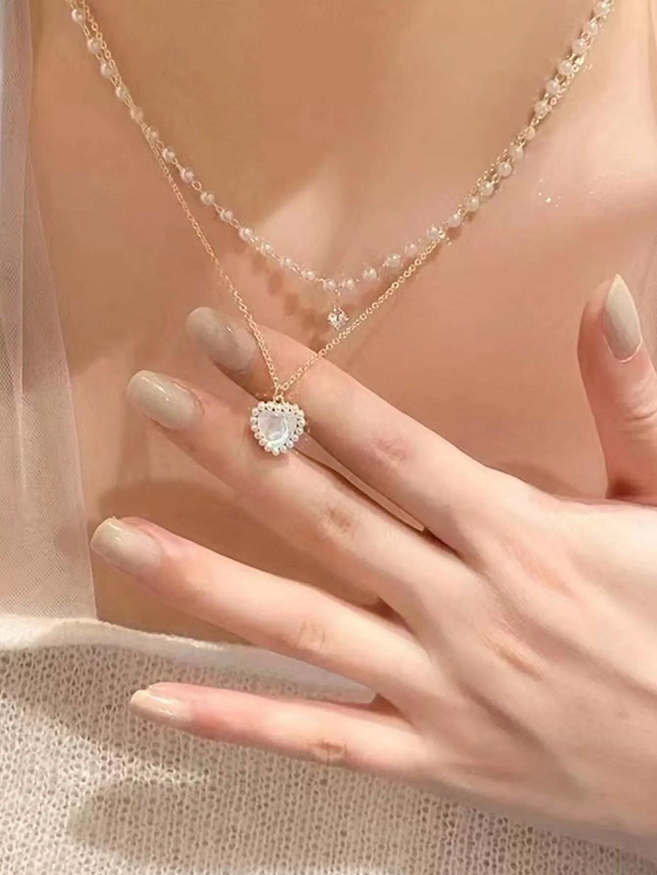 Cultured Faux Pearl Decor Heart Charm Layered Necklace Dainty Necklace Novelty