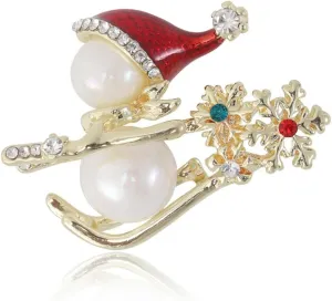 Cute Skiing Snowman Pearl Snowflake Green Red Rhinestones Christmas Ornament Brooch Lapel Pins for Women Teen Girls Cute Crystal Decoration Brooches Pin Holiday Party Gifts 33mm