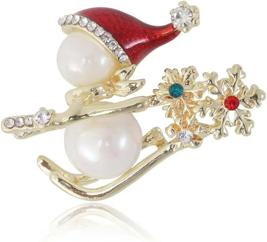 Cute Skiing Snowman Pearl Snowflake Green Red Rhinestones Christmas Ornament Brooch Lapel Pins for Women Teen Girls Cute Crystal Decoration Brooches Pin Holiday Party Gifts 33mm