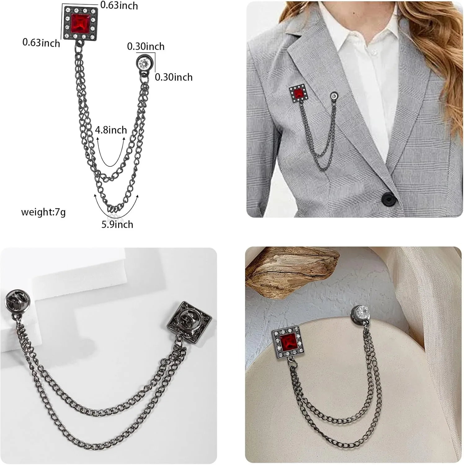 Gold/Silver Crystal Geometry Brooch Lapel Pin for Men Rhinestone With Hanging Chain Brooch for Men Suit Fashion Tuxedo Tie Hat Scarf Collar Pins for Men Women Gifts