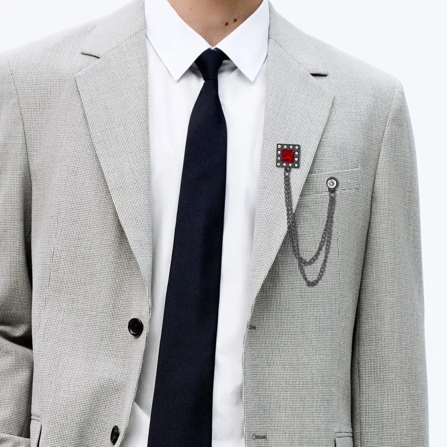 Gold/Silver Crystal Geometry Brooch Lapel Pin for Men Rhinestone With Hanging Chain Brooch for Men Suit Fashion Tuxedo Tie Hat Scarf Collar Pins for Men Women Gifts