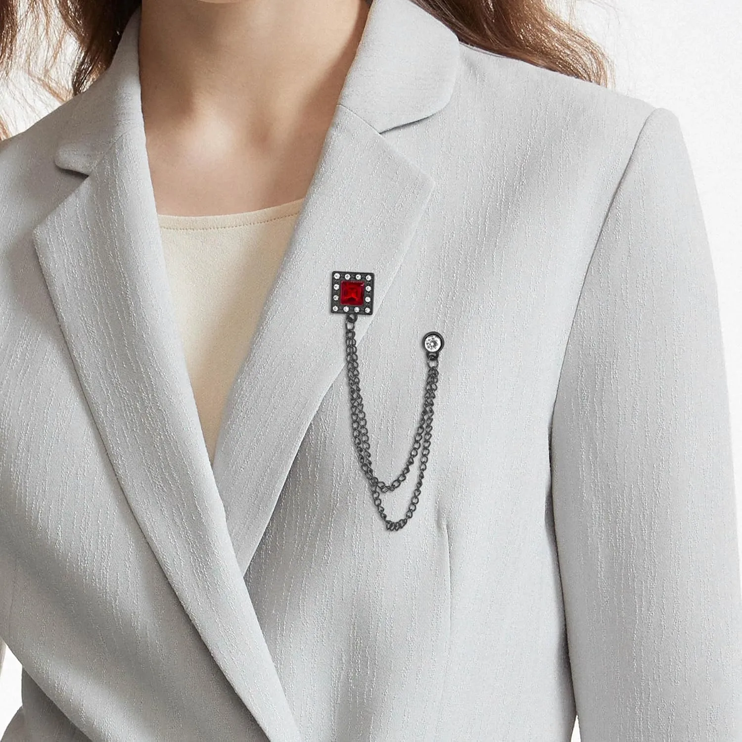 Gold/Silver Crystal Geometry Brooch Lapel Pin for Men Rhinestone With Hanging Chain Brooch for Men Suit Fashion Tuxedo Tie Hat Scarf Collar Pins for Men Women Gifts
