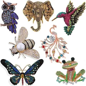 Kiddale 7 PCS Woman Girl Animal Brooch Pins Set Crystal Rhinestone Pin Vintage Colorful Owl Elephant Butterfly frog Hummingbird Bee Animal and Insect Brooch Gift for Women