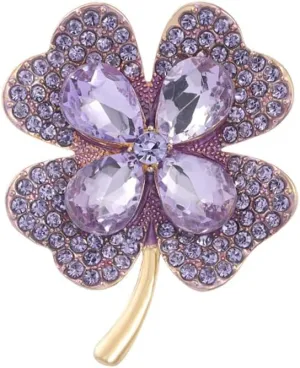 Rhinestone Purple Clover Leaf Brooch Pin for Women Girls Unisex Vintage Crystal Flower Brooches Lapel Pins Lucky Decor Dress Accessories Christmas Birthday Thanksgiving Jewelry Gift