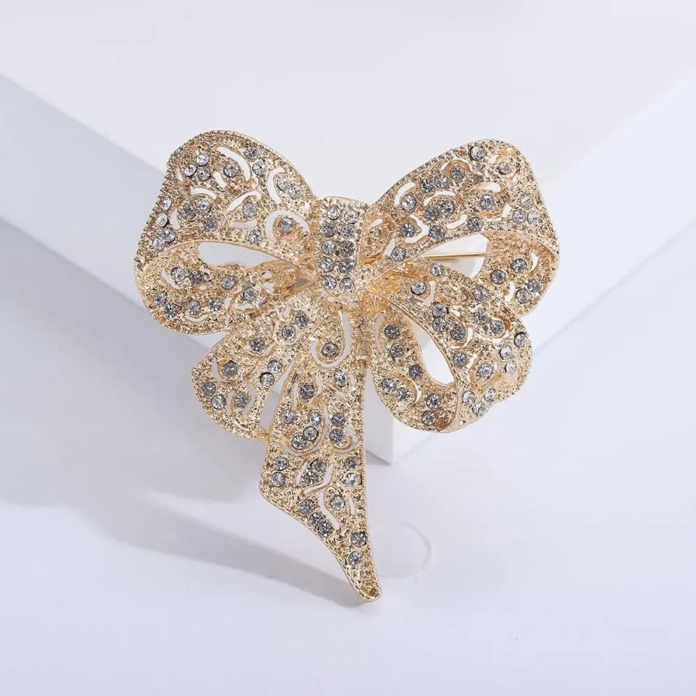 Vintage Big Bow Knot Rhinestones Sparkly Brooches Lapel Pin Ribbon Brooch Classic for Women Girls Dainty Dresses Suit Shirt Clothes Accessories