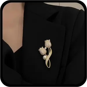 Vintage Crystal Tulip Flower Brooch Pin Rhinestone Tulip Brooch Pins Gold Tulip Brooches Anti-Exposure Brooch Lapel Pin Pearl Flower Suit Brooch Pin Jewelry for Women